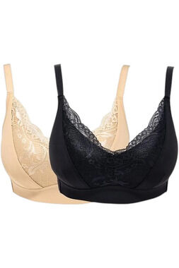 Rhonda Shear Women's 2-pk Molded Cup Lace Bra Invisible Edge Blk/Beige - Regular